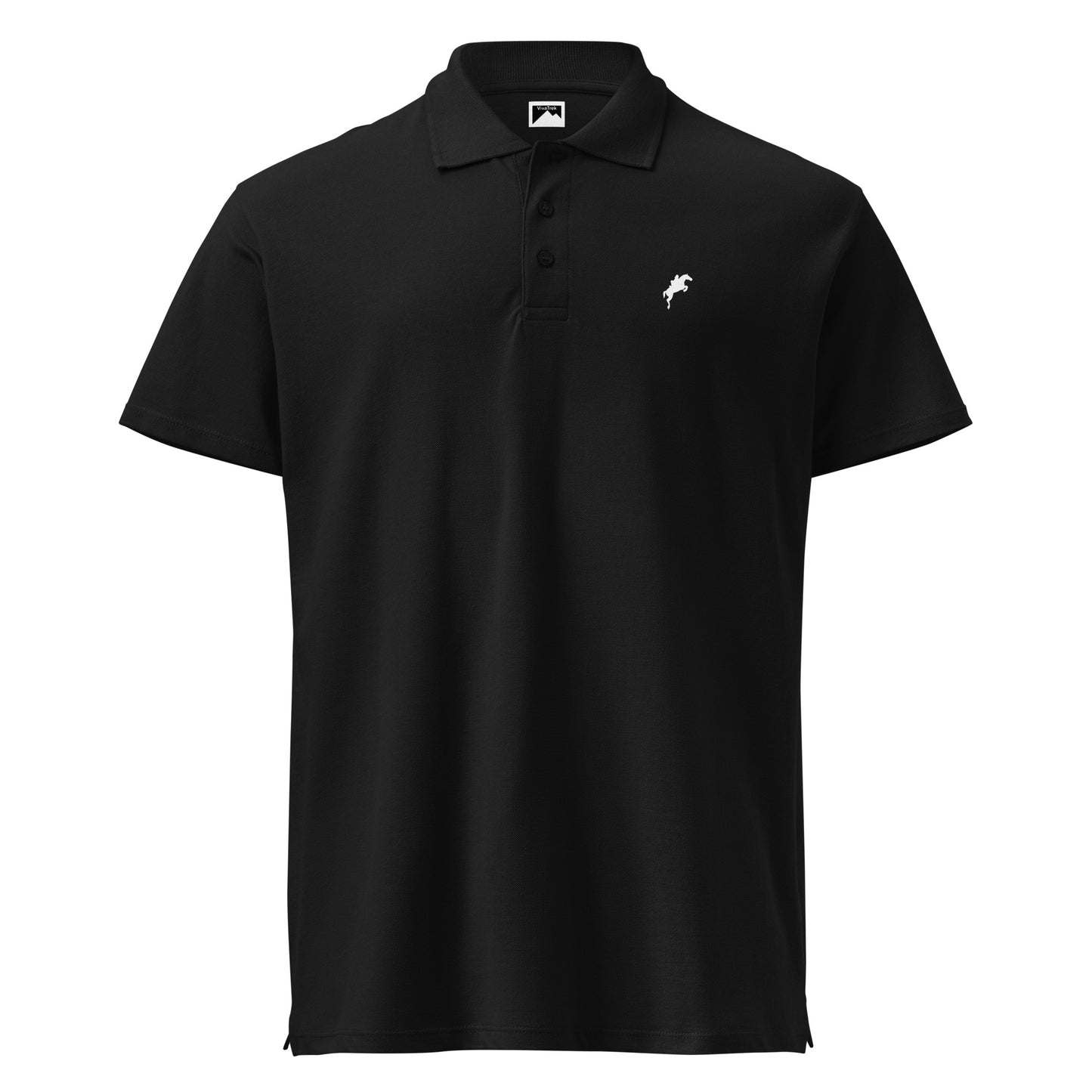 VivaTrek black Equestrian Logo Polo Shirt for horse riding fans with small white horse logo