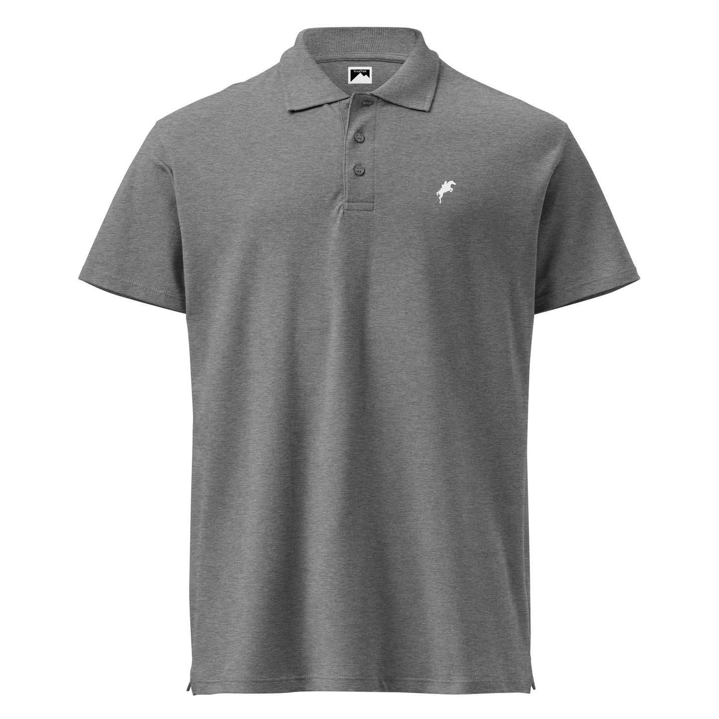 VivaTrek gray Equestrian Logo Polo Shirt for horse riding fans with short sleeves and button collar