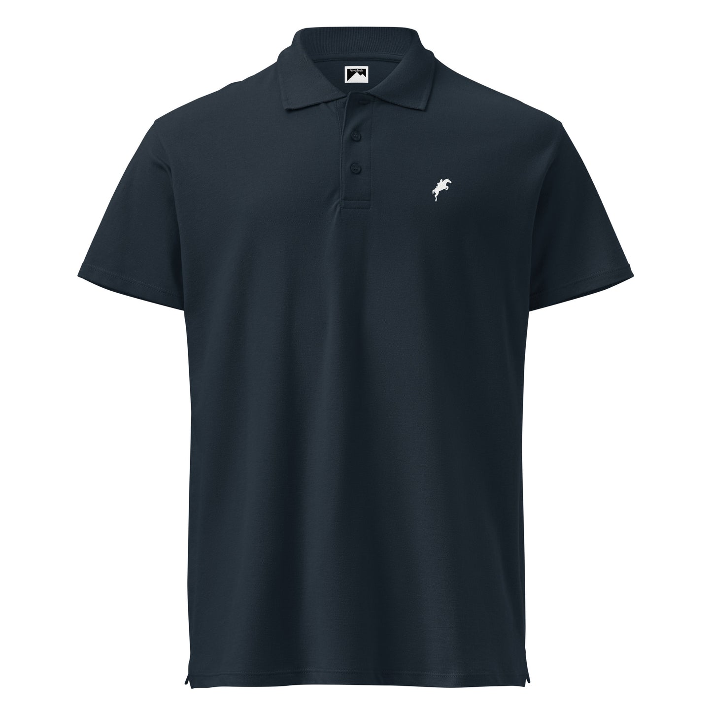 VivaTrek navy Equestrian Logo Polo Shirt for horse riding fans with short sleeves and button collar