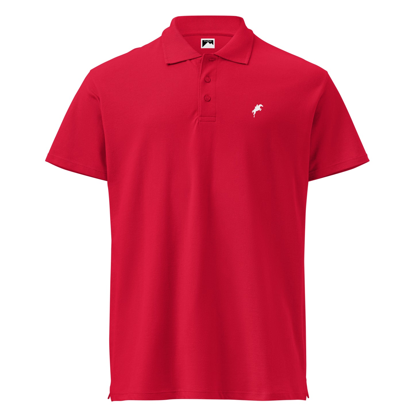 VivaTrek red Equestrian Logo Polo Shirt for horse riding fans with embroidered white horse emblem