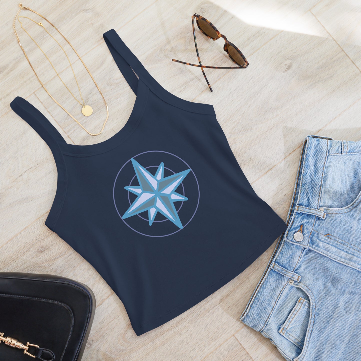 VivaTrek Yoga Tank Top Womens Nautical Tank Top in navy with compass design styled with sunglasses and denim shorts