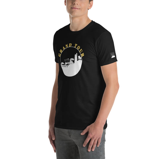 VivaTrek Cyclists Grand Tour Graphic T-Shirt in black with yellow and white design worn by male model