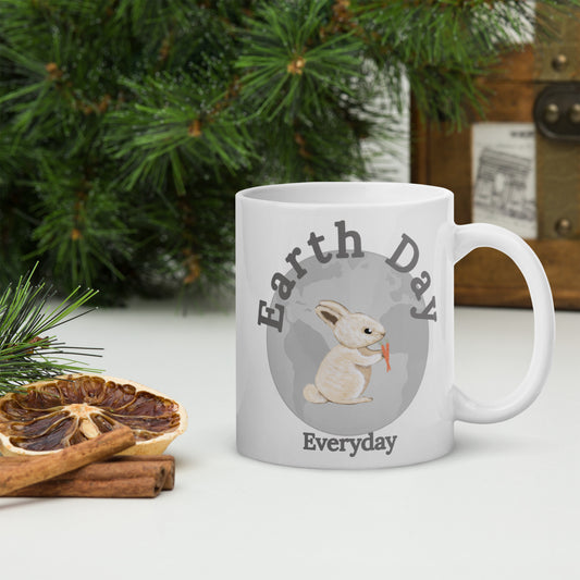 Earth Day Everyday Rabbit Ceramic Mug with bunny design and earth graphic by VivaTrek