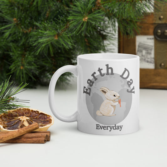 Earth Day Everyday Rabbit Ceramic Mug with bunny design on white ceramic cup by VivaTrek