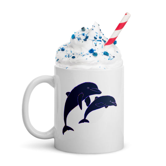 VivaTrek Dolphins Ceramic Mug with two dolphin illustrations filled with whipped cream and blue sprinkles