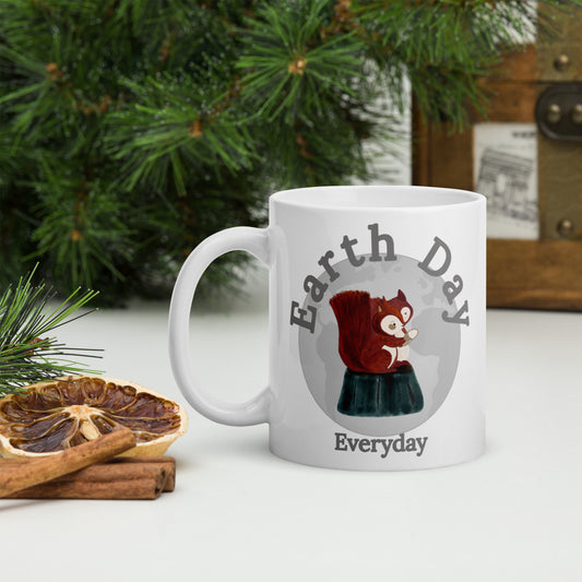 Earth Day Everyday Squirrels Ceramic Mug featuring a squirrel design on a white mug by VivaTrek