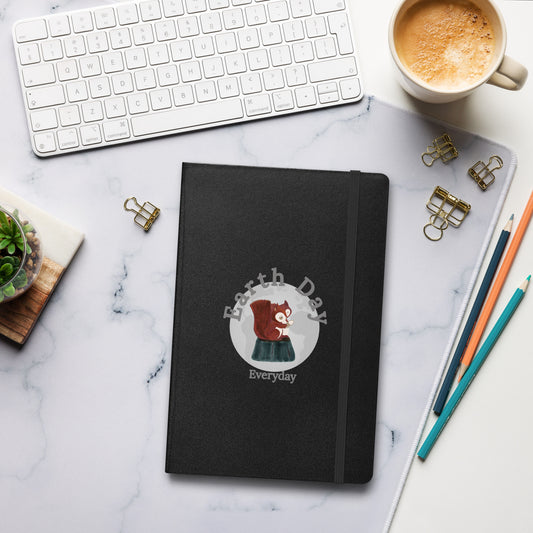 Black Earth Day Everyday Squirrels Hardcover Notebook with squirrel design on marble desk with keyboard and coffee