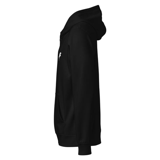 Black VivaTrek Equestrian Eco-Friendly Organic Hoodie for horse riders and fans side view with hood