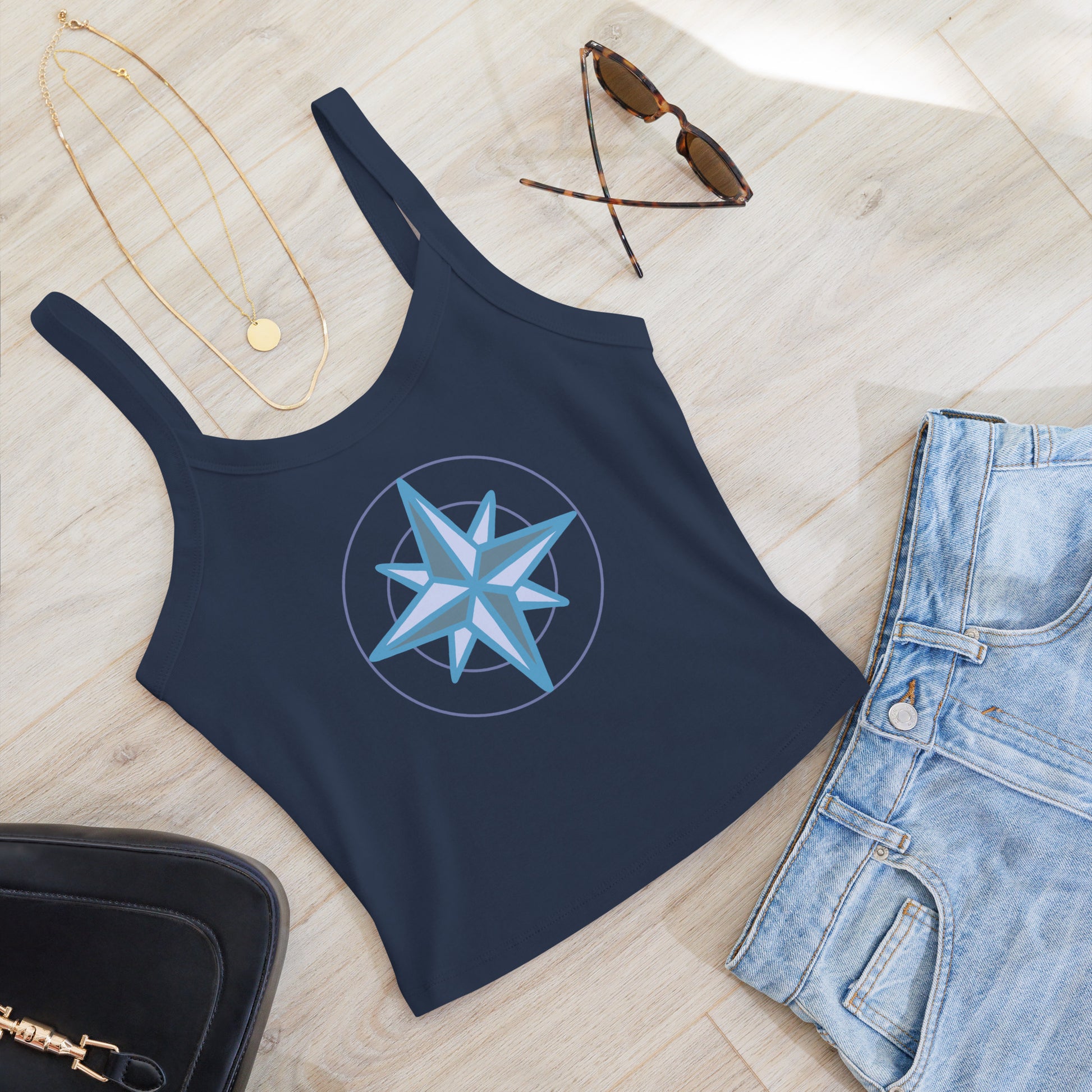 VivaTrek Yoga Tank Top Womens Nautical Tank Top in navy with compass design styled with sunglasses and denim shorts